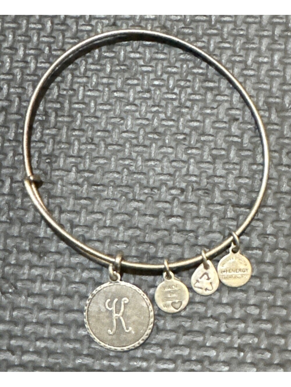 Alex and Ani Silver Toned Charm Expandable Bangle Bracelet | Script “K”